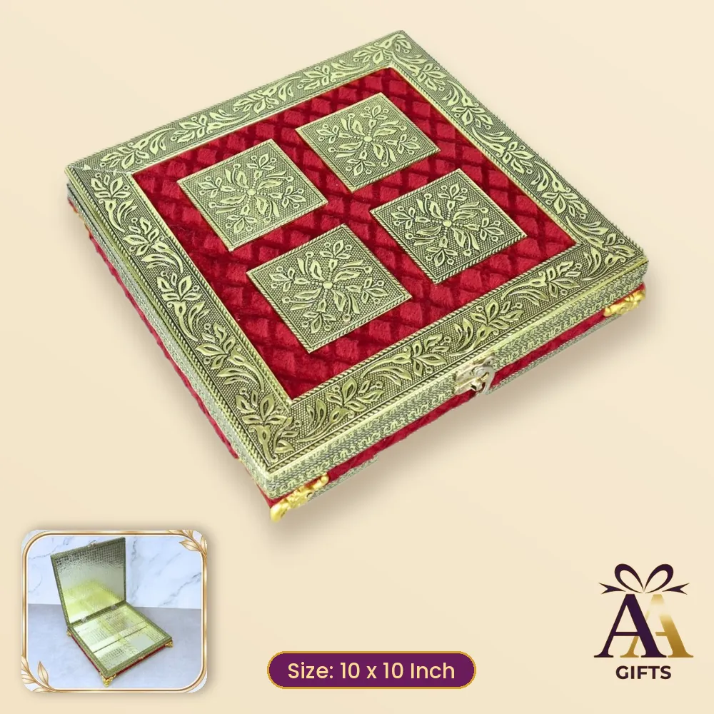 10x10 Maroon Velvet Leg Dry Fruit Box - maroon wooden dry fruit box, 10 x 10 Inch, for corporate gifts and festive hampers