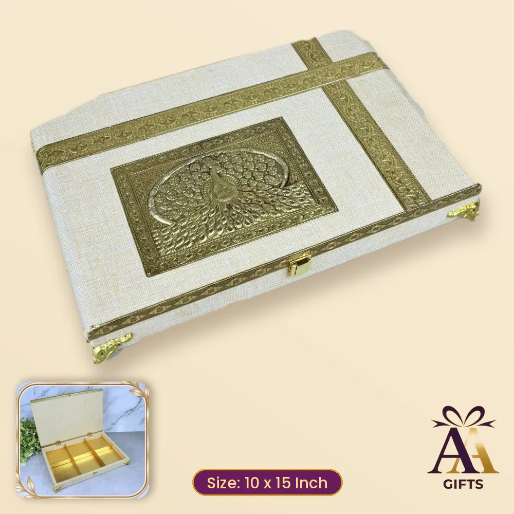 10x15 Peacock Cream Jute Dry Fruit Box - cream wooden dry fruit box, 10 x 15 Inch, for corporate gifts and festive hampers