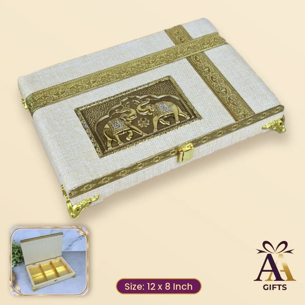 12x8 Elephant Cream Jute Dry Fruit Box - cream wooden dry fruit box, 12 x 8 Inch, for corporate gifts and festive hampers