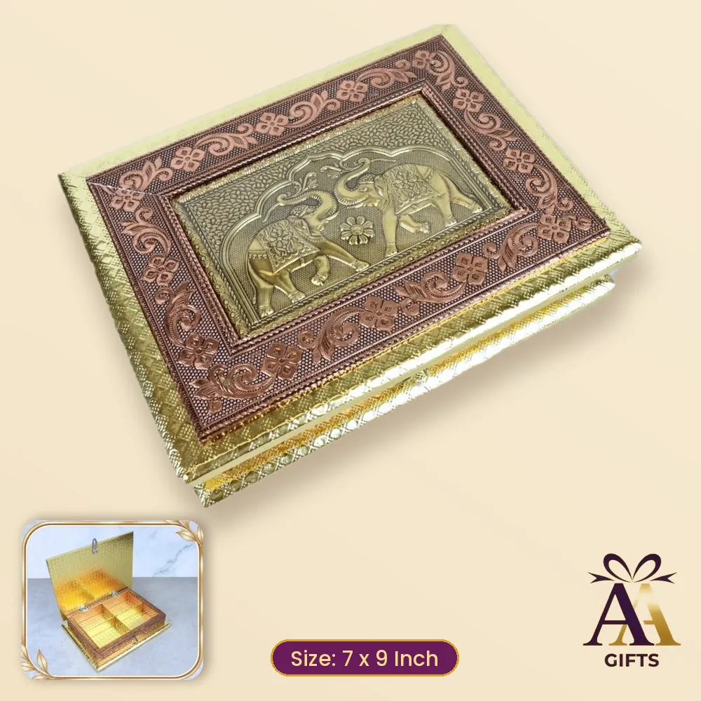 7x9 Double Elephant Meva Dry Fruit Box - golden wooden dry fruit box, 7 x 9 Inch, for corporate gifts and festive hampers