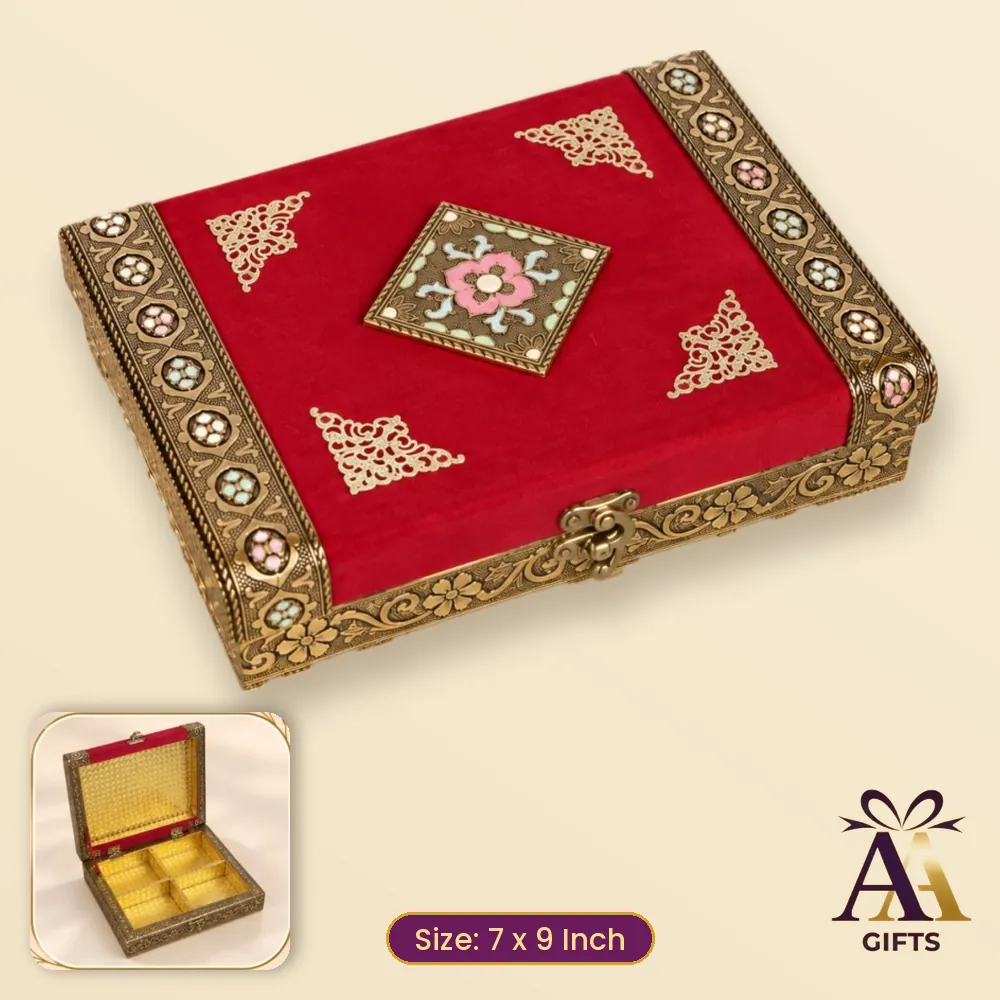 7x9 Maroon Velvet Dry Fruit Box - maroon wooden dry fruit box, 7 x 9 Inch, for corporate gifts and festive hampers