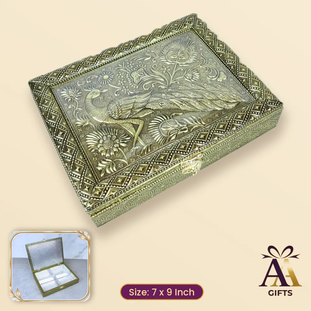 7x9 Peacock Dry Fruit Box - golden wooden dry fruit box, 7 x 9 Inch, for corporate gifts and festive hampers