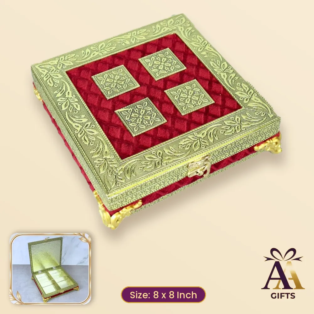 8x8 Maroon Velvet Leg Dry Fruit Box - maroon wooden dry fruit box, 8 x 8 Inch, for corporate gifts and festive hampers