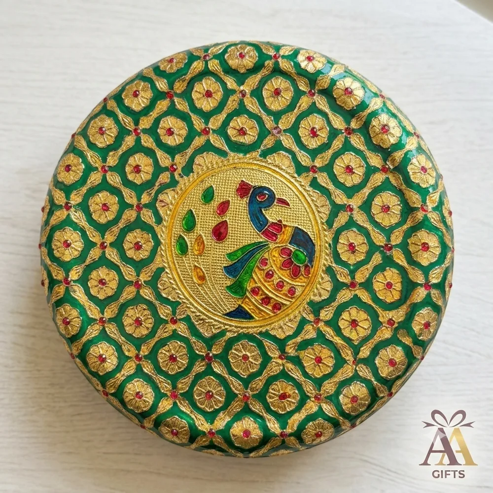 Emerald green embossed peacock meenakari stainless steel spice box return gift Chennai — view 2