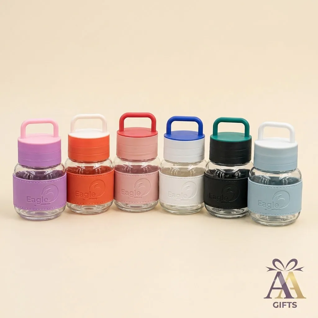 Mini chubby glass water bottle with protective sleeve and handle for return gifts