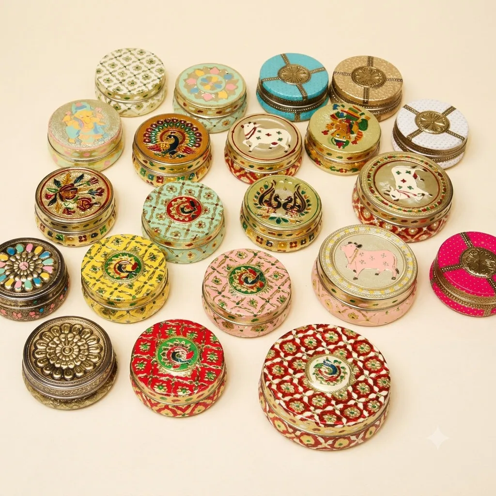 Assorted printed round gift tins with Pichwai cow, peacock, Ganesha and floral designs – return gifts Chennai
