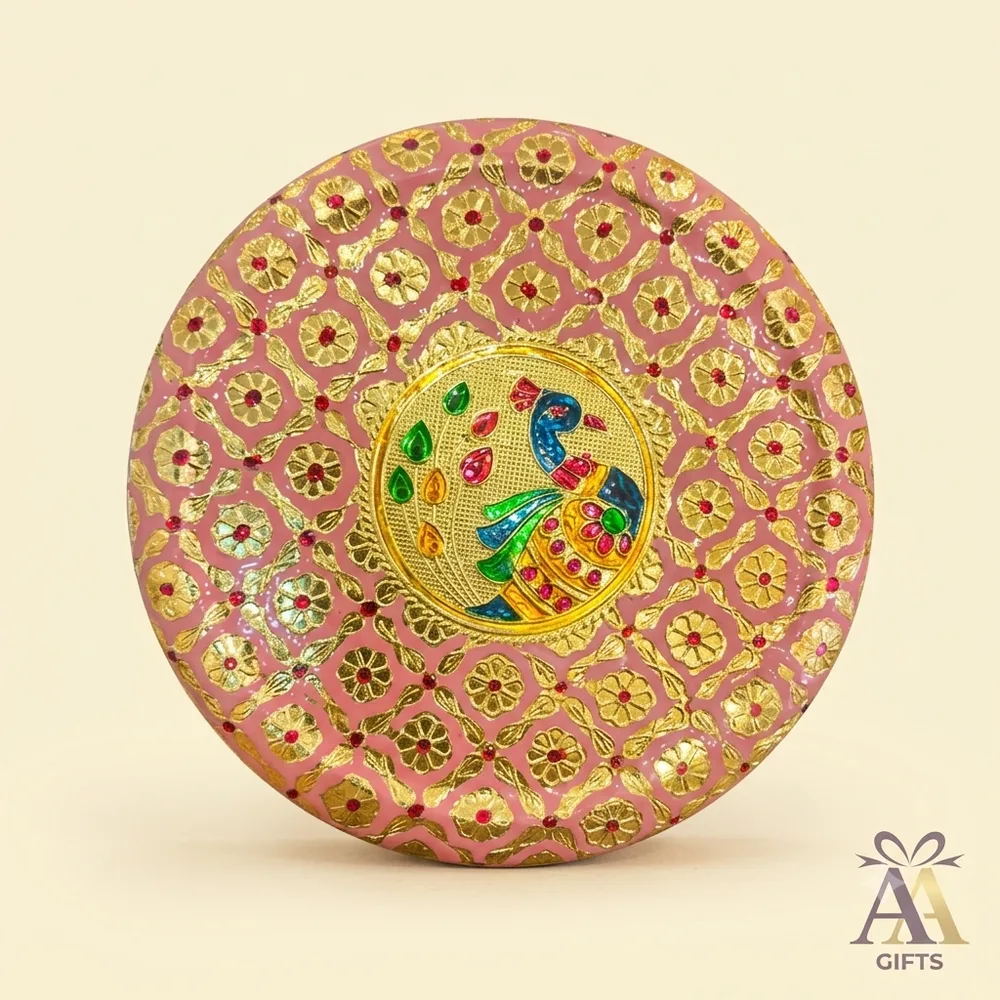 Pink embossed peacock meenakari stainless steel spice box with 7 containers and spoon Chennai — view 2